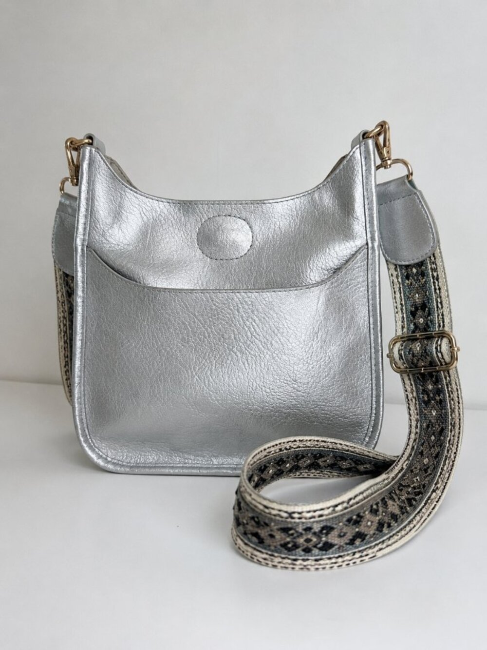 Ahdorned Silver Metallic Faux Leather Crossbody Bag Guitar Strap Purse